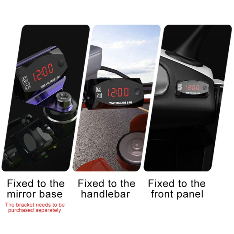 2-in-1 voltmeter and clock device shown in three mounting views, red display