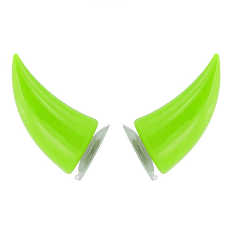 Neon green devil horn helmet decorations with suction cups, front view pair