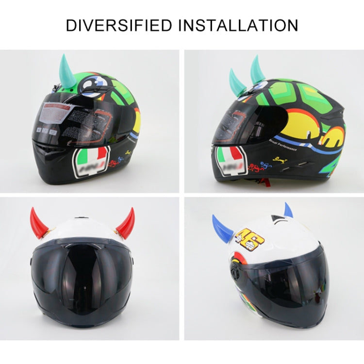 Assorted devil horn suction decorations installed on motorcycle helmets in multiple colors
