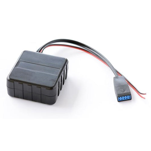Bluetooth AUX adapter module with attached wire leads and blue multi-pin connector