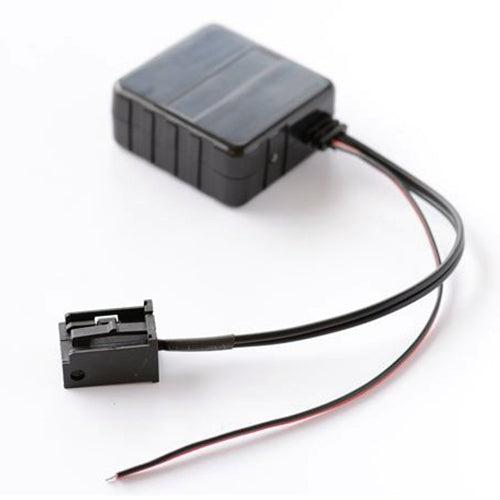Bluetooth AUX adapter cable with black control box module and plug connector, red/black leads