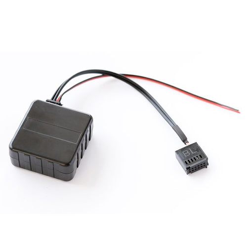 Car Bluetooth AUX adapter wiring harness with black module box and plug connector