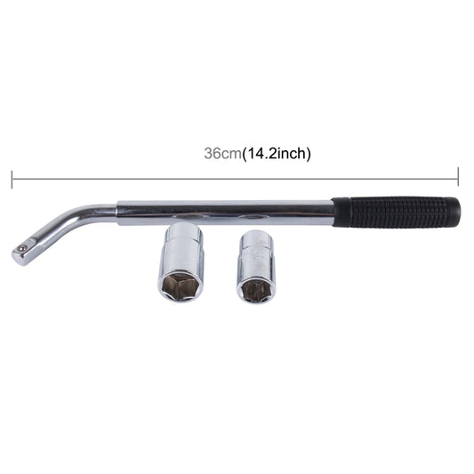 Telescoping wheel lug wrench with black grip and two socket adapters on wrench head