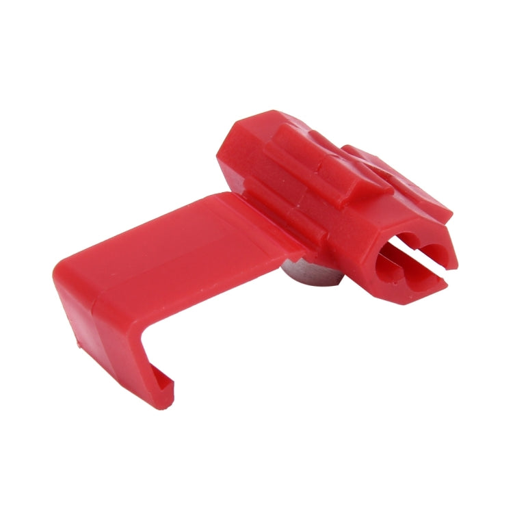 Red quick-splice solderless wire terminal connector with metal contact and wire slot