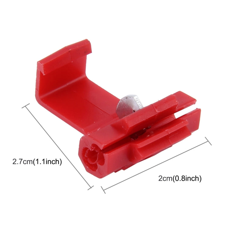 Red quick-splice solderless wire terminal connector, compact housing with visible metal