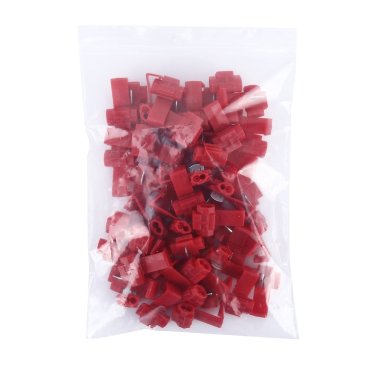 Red quick-splice solderless wire terminals in a clear plastic bag