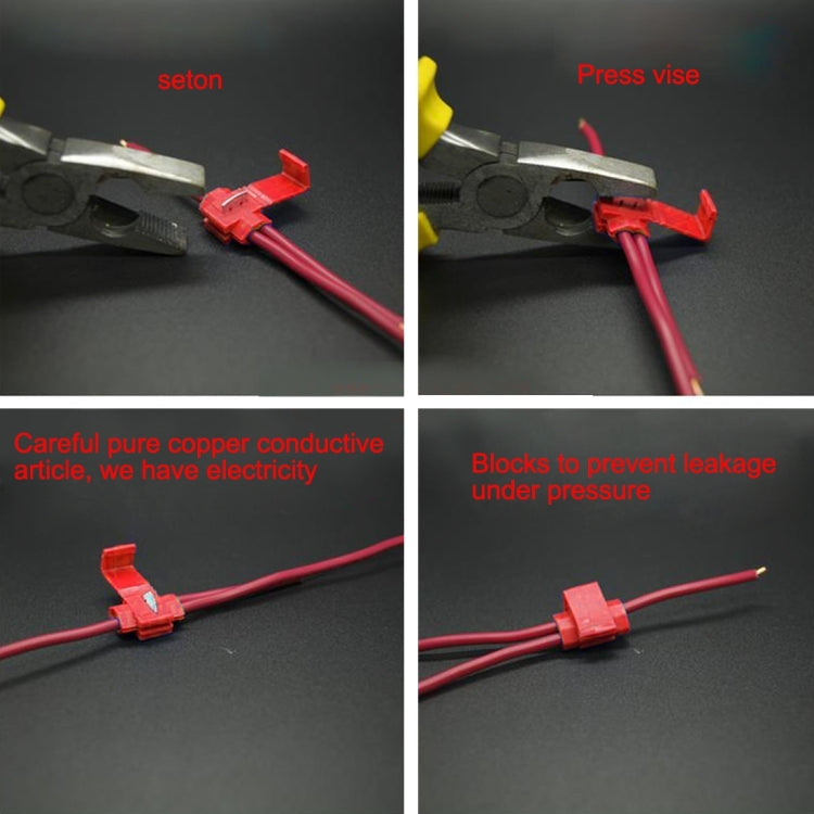 Red quick-splice wire connector pressed onto insulated red wires with pliers