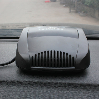 Black auto heater fan for 12V DC with front ventilation grille and rounded housing