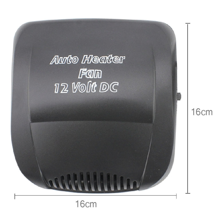 Black auto heater fan for 12V DC, front view with 16cm size markings