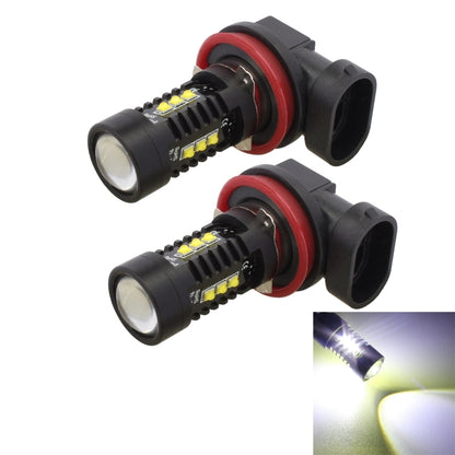 Pair of black LED fog light bulbs with red rings and front projector lens