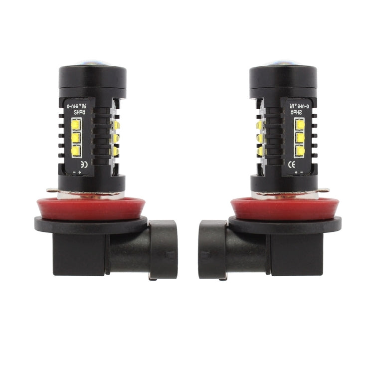 Two LED fog light bulbs showing side LED chips and red base ring, H8/H11 style