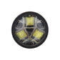 Close-up of LED fog light projector lens with four yellow LED chips