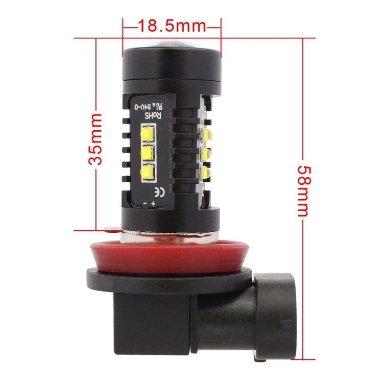 LED fog light bulb with red base ring and side LED chips; size diagram view