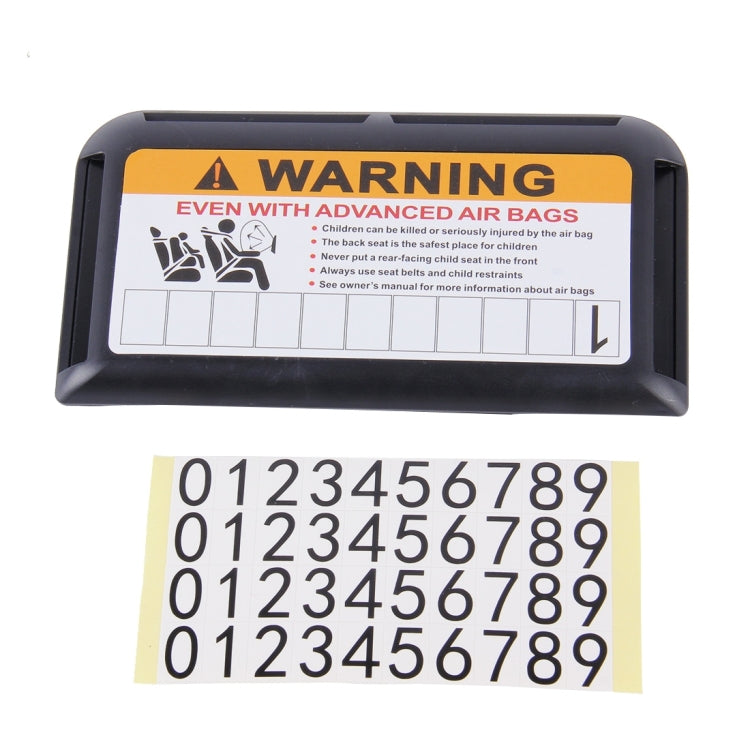 Car visor warning card holder with orange WARNING panel and number sticker set