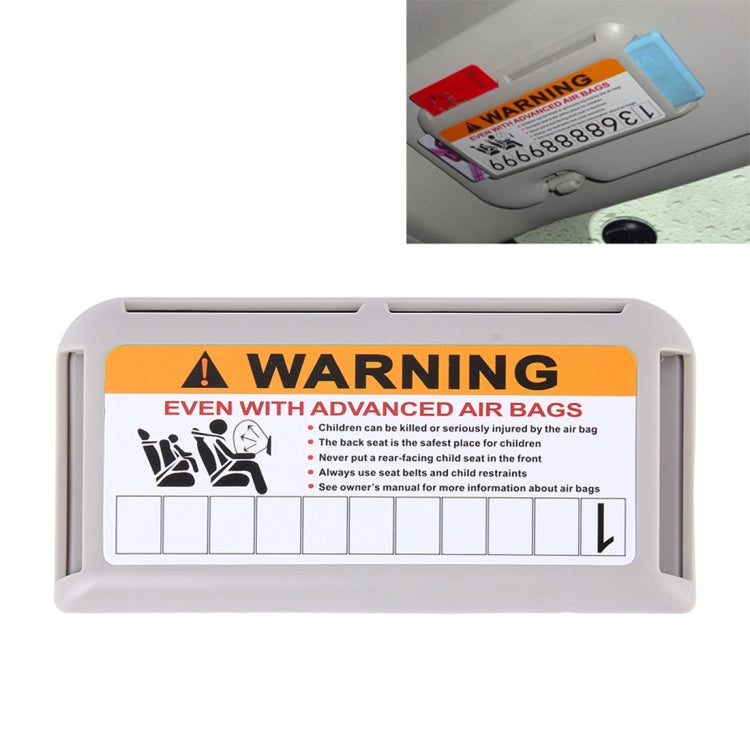 Car visor warning card holder with orange WARNING panel on light gray frame