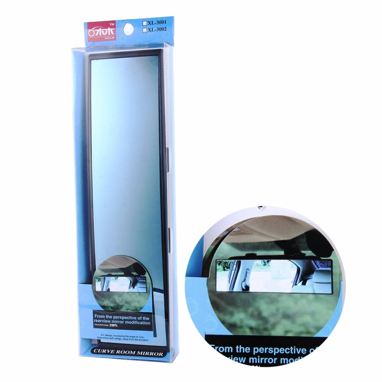 Interior rear view mirror retail box with blue-tinted mirror window and circular inset