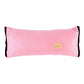 Pink plush headrest neck support pillow with black trim and yellow sun emblem