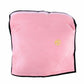 Pink plush headrest neck support pillow with black trim and yellow sun emblem