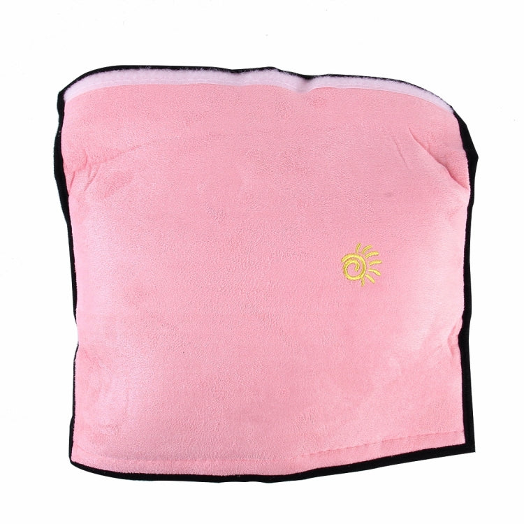 Pink plush headrest neck support pillow with black trim and yellow sun emblem