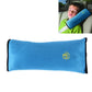 Blue plush children’s neck support pillow with black trim and yellow sun logo