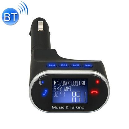 Black car FM transmitter with LCD display, blue Bluetooth indicator, and USB port