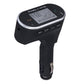 Black car audio transmitter with LCD screen, control buttons, and USB connection plug