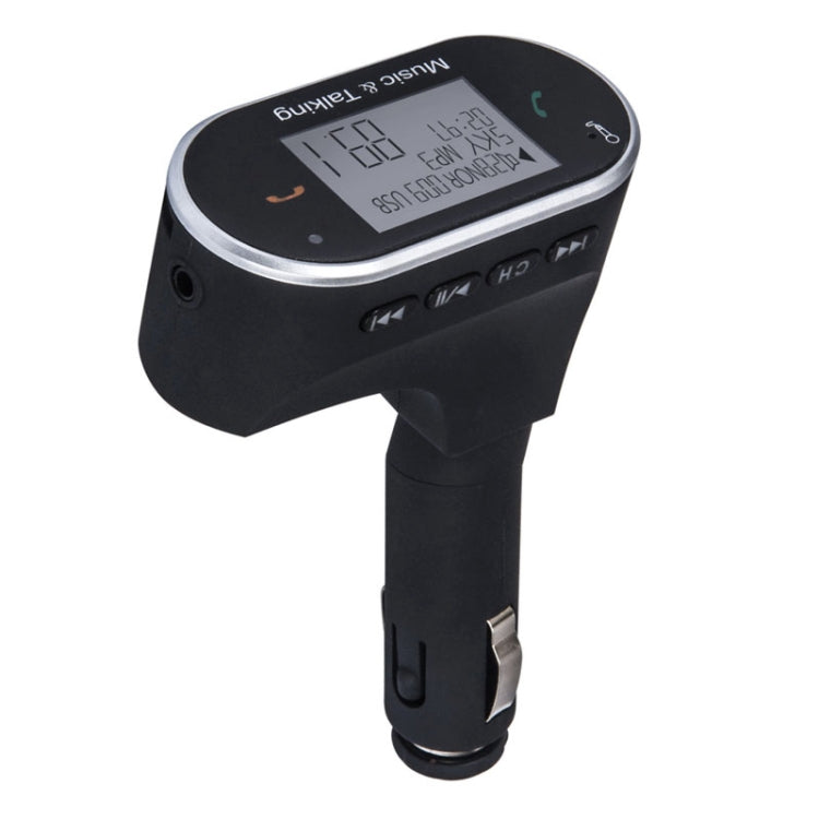 Black car audio transmitter with LCD screen, control buttons, and USB connection plug