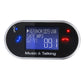 Front view of black car FM transmitter with LCD showing USB MP3 and blue/red LEDs