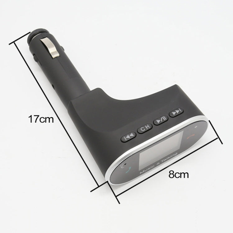 Black car FM transmitter size view with USB plug and curved base (17 cm)