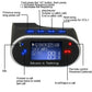 Black FM transmitter front controls with LCD display, mic area, and call button labels