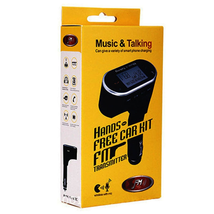 Retail package for hands-free car kit FM transmitter with black device pictured