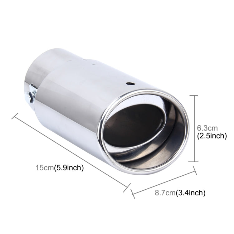 Stainless steel exhaust tail pipe with dimensions shown: 15cm length, 6.3cm outlet opening