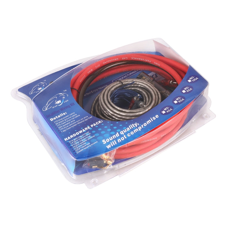 Car audio wiring kit in clear plastic package with red and blue wire spools