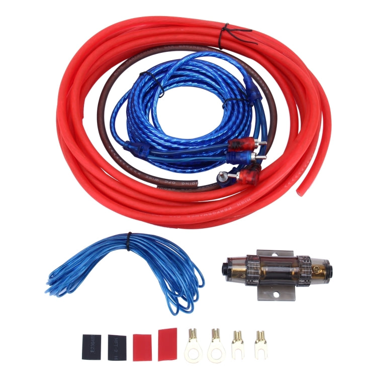 Car subwoofer wiring cable kit with red and blue power leads, fuse holder, accessories