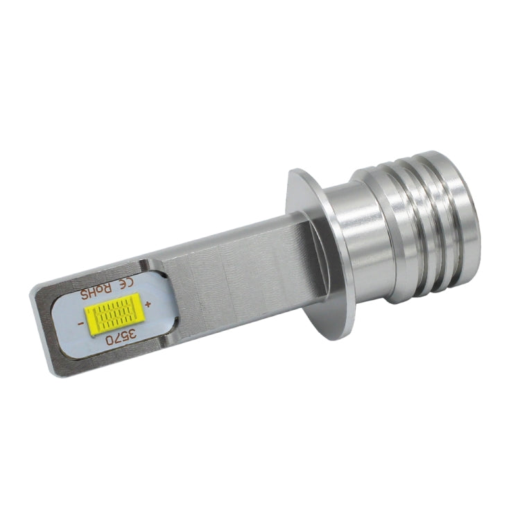 Single H1 LED fog light bulb, angled view of silver base and LED label