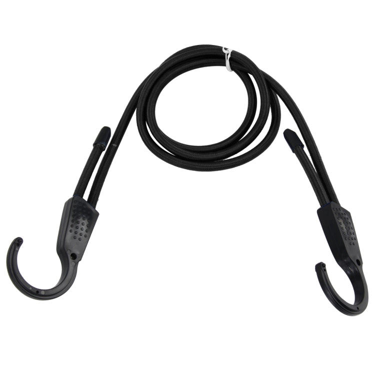 Black elastic car fastening rope strap with two curved hooks, adjustable length