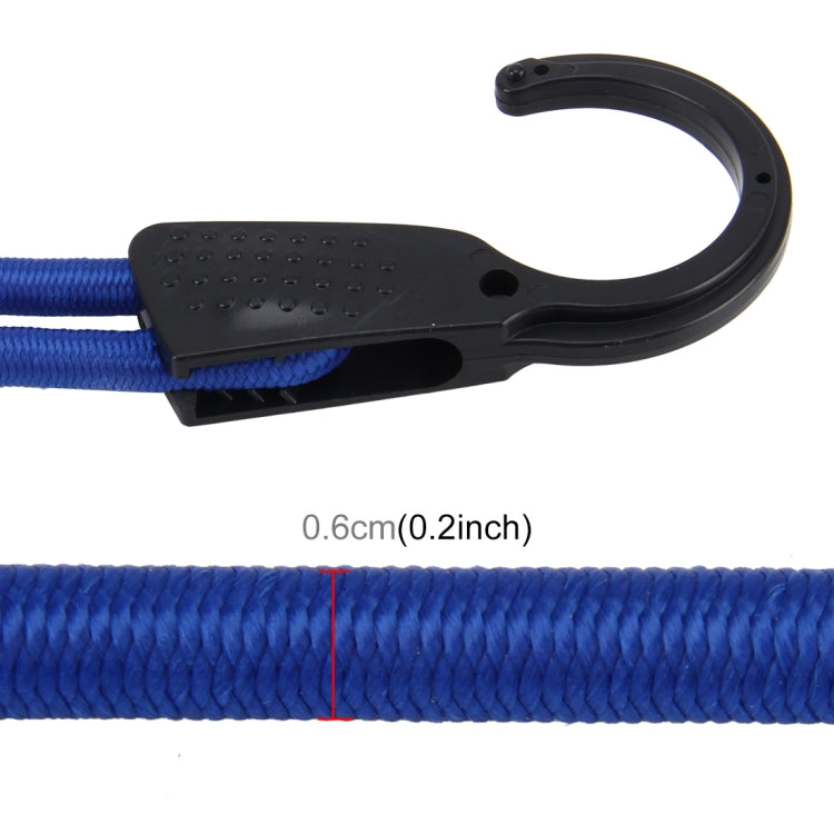 Blue elastic braided rope with black hook clamp, thick cord segment