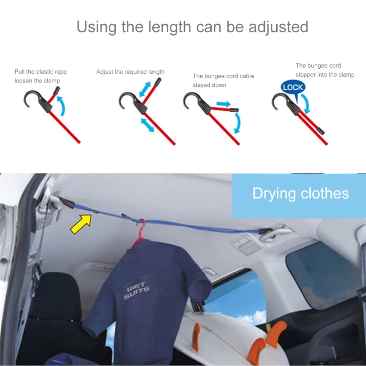 Blue elastic rope with black hook clamps and length adjustment stopper