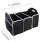 Foldable black multi-compartment trunk organizer box with stitched white trim and handles