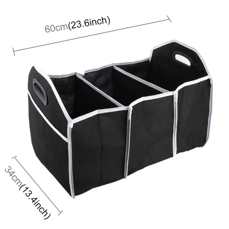Foldable black multi-compartment trunk organizer box with stitched white trim and handles