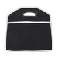 Foldable black storage box with arched carry handle and white edging