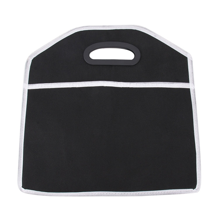 Foldable black storage box with arched carry handle and white edging