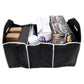 Foldable black trunk organizer box with four inner compartments holding items