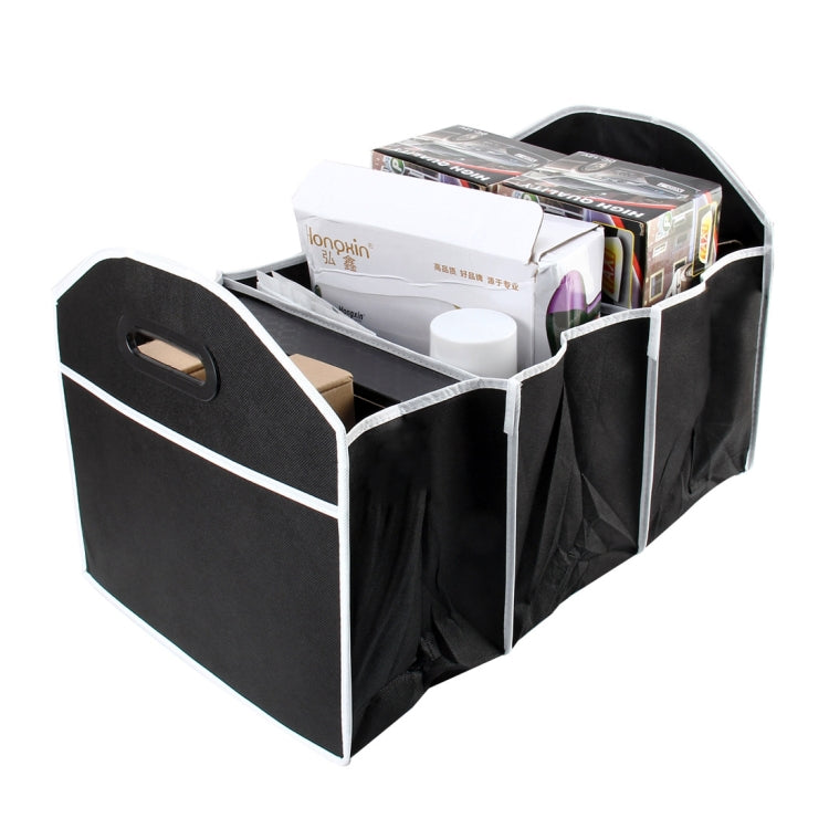 Black foldable trunk organizer box with arched handles and open storage compartments