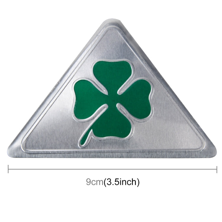 Triangular aluminum badge, green four-leaf clover emblem, 9 cm size