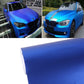 Blue metallic matte vinyl wrap sheet roll and applied car front views