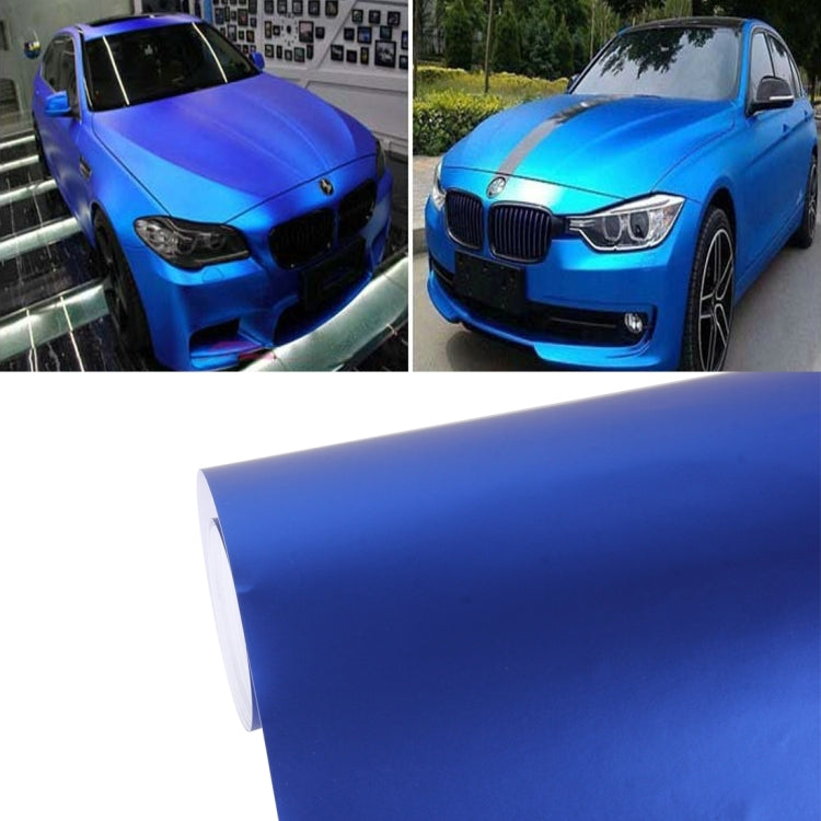 Blue metallic matte vinyl wrap sheet roll and applied car front views