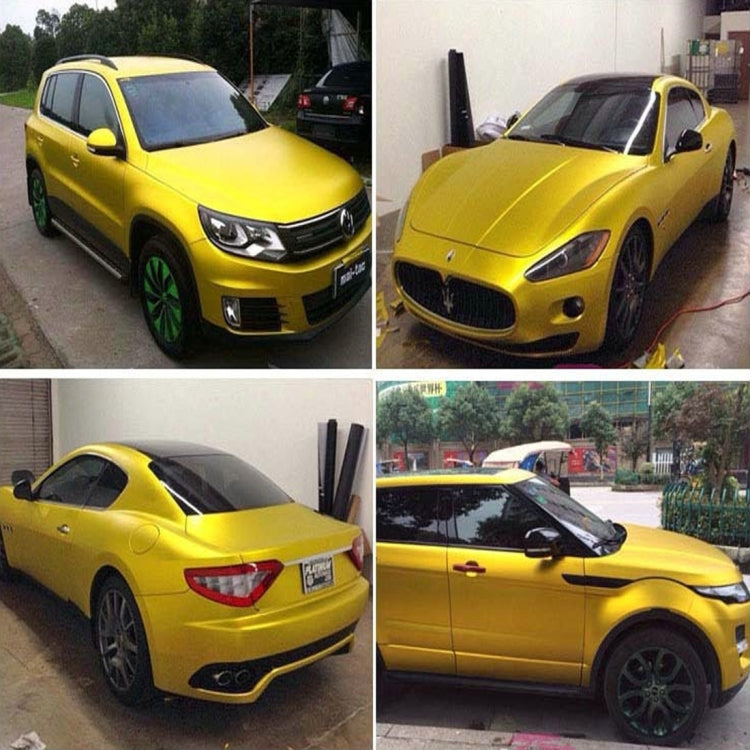 Gold metallic matte car wrap applied to vehicle with roll sheet shown