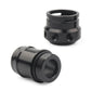Black threaded PCV adapter fitting and flanged cap piece with bolt holes
