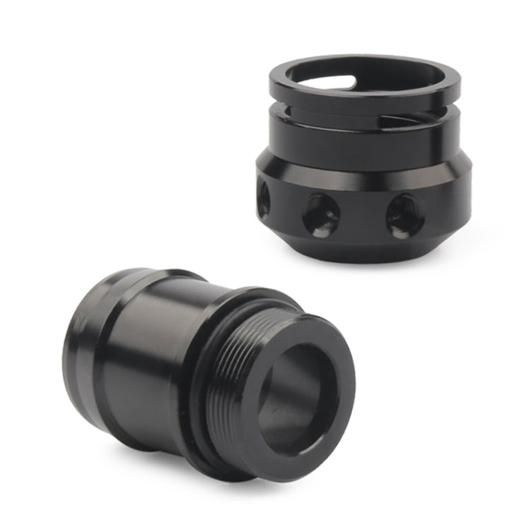 Black threaded PCV adapter fitting and flanged cap piece with bolt holes